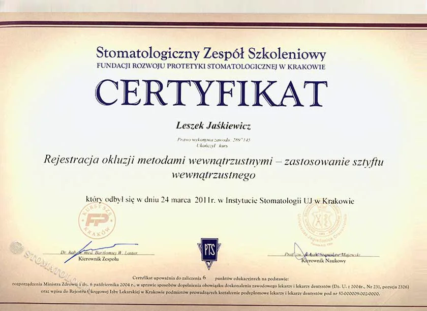 Okluzja — zastosowanie sztyftu wewnątrzustnego